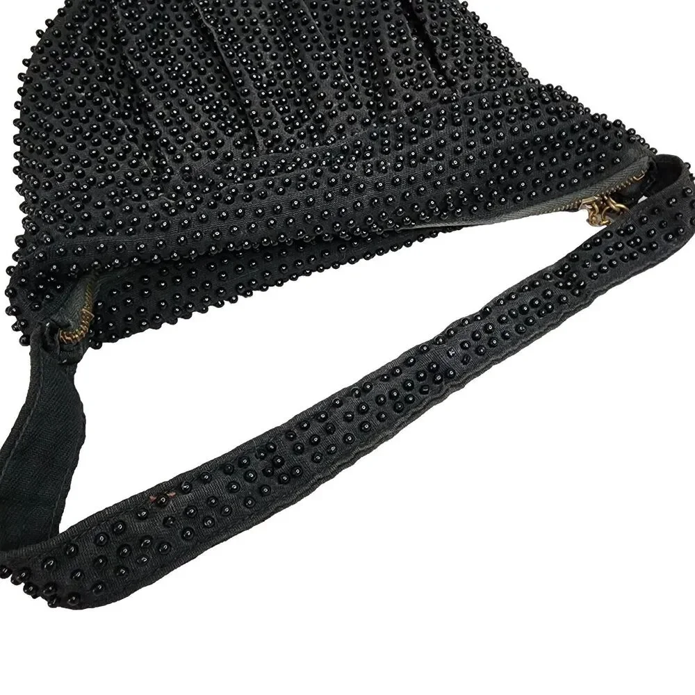 Vintage Plastic Beaded Bag Pleated Satchel Crescent Black Zippered Closure